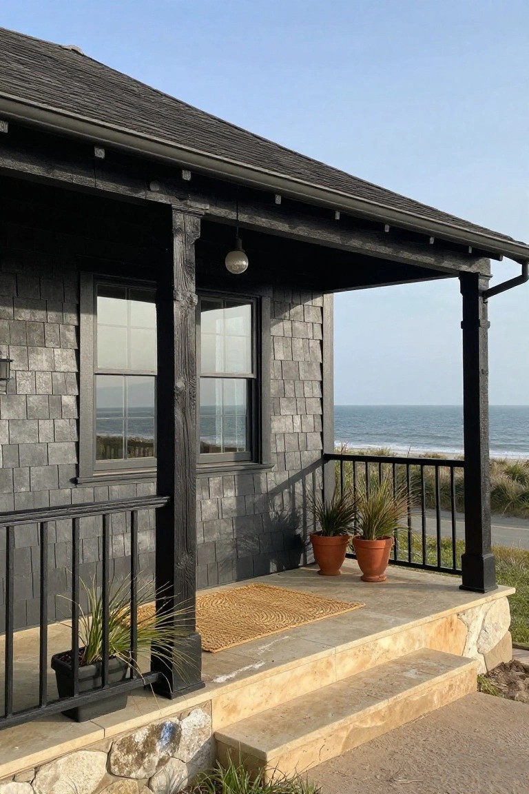 Corner view of a dark grey shingle house with black wooden porch posts, framed windows overlooking the ocean, black railing, potted grasses, and stone steps.