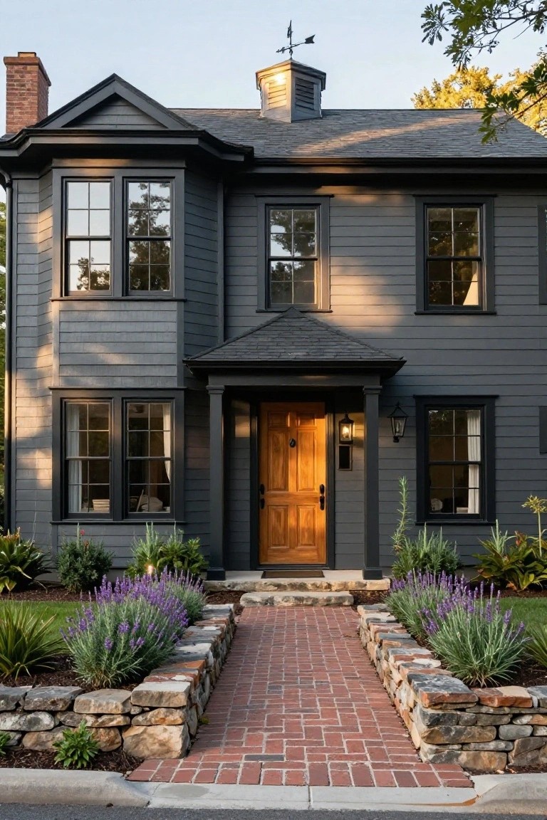 Front view of a two-story dark grey shingled house with black window frames and trim, wooden front door under a covered porch, red brick walkway edged by stone walls and lavender plants.