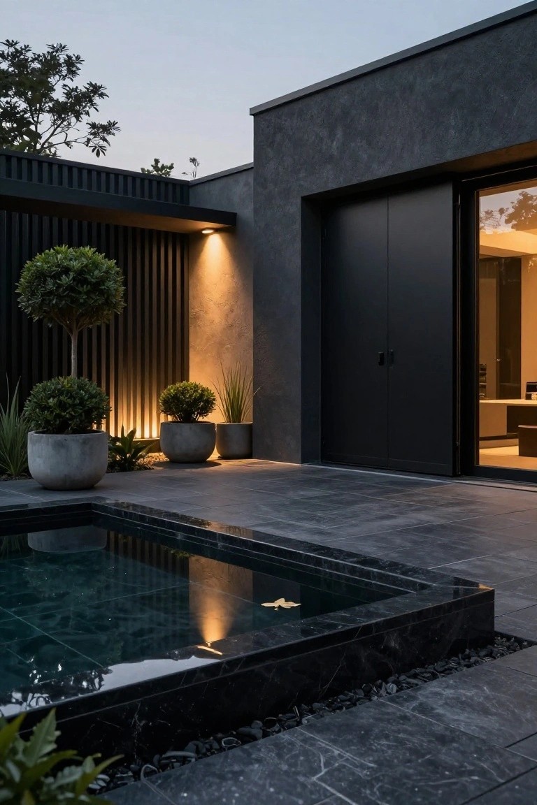 Modern house exterior with dark grey textured walls, tall black sliding doors partially open to an interior, vertical black slatted screen, potted plants, and a black marble-edged pool on dark grey tiled patio at twilight.
