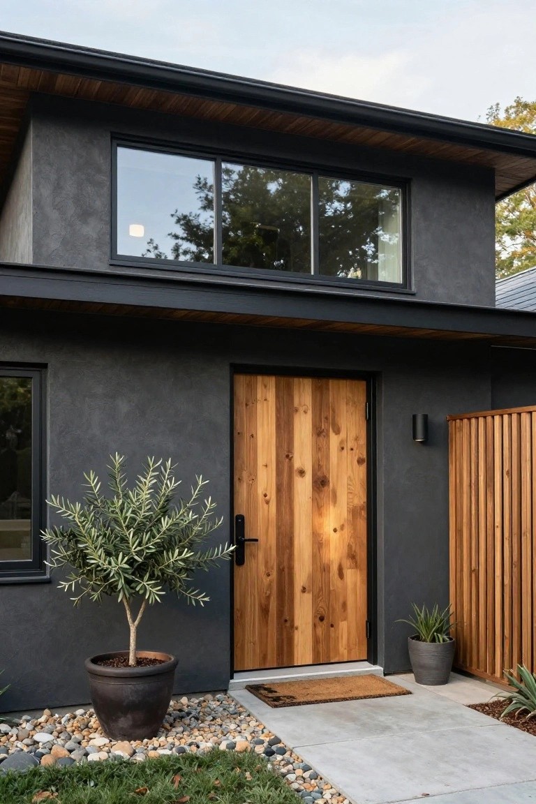 Modern two-story house exterior with dark grey stucco walls, black-framed windows, tall wooden plank front door, potted olive tree on left, wooden fence on right, and concrete path with pebbles.