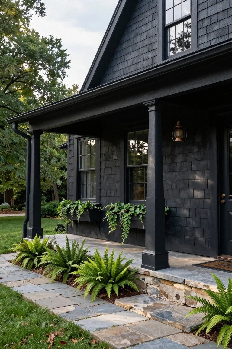 Front exterior of a two-story black shingled house with gabled roof, covered porch supported by columns, black door and windows, planter boxes with trailing greenery, ferns along a stone path, and surrounding lawn and trees.