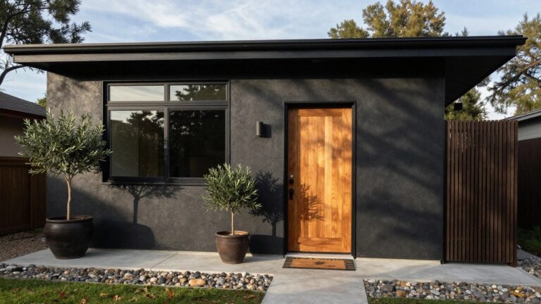 Modern two-story house exterior with dark grey stucco walls, black-framed windows, tall wooden plank front door, potted olive tree on left, wooden fence on right, and concrete path with pebbles.