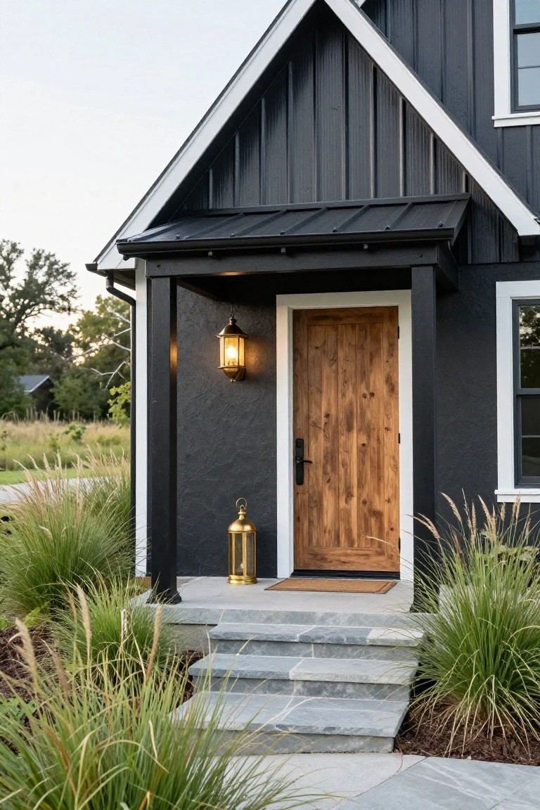 Front entry of a two-story house with dark grey board-and-batten siding, white trim, gabled black metal porch roof, light wooden plank door, brass lanterns, stone steps, brown welcome mat, and ornamental grasses on a gravel path.