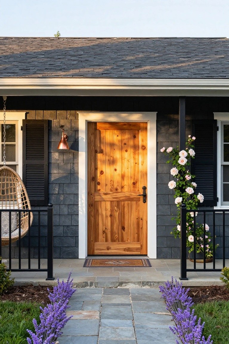 House exterior featuring dark grey shingle siding, a tall natural cedar wood front door with white trim, black shutters and porch railings, copper wall lantern, hanging woven porch swing, climbing pink roses on trellis, and lavender plants lining a stone walkway.