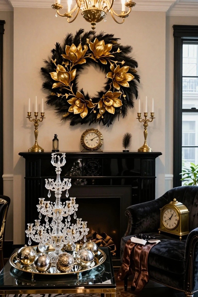 Interior view of a Christmas-decorated mantel with black fireplace, crystal chandelier tree centerpiece, gold ornaments on a tray, gold candelabras flanking it, black feather and gold leaf wreath above, and a black velvet armchair with stockings nearby.
