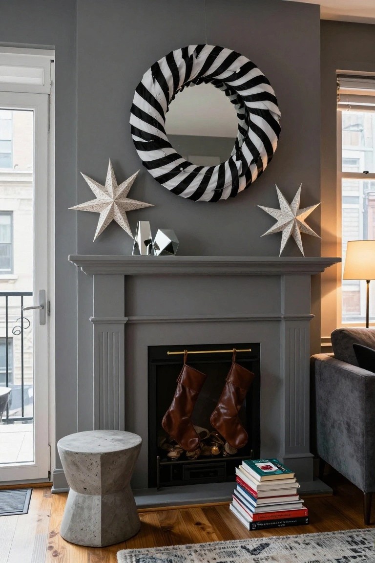 Black and White Striped Wreath Mirror