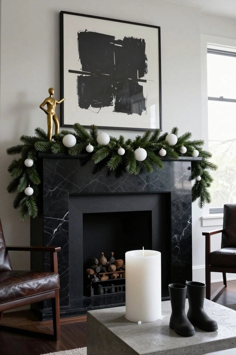 Black marble fireplace mantel decorated with evergreen garland and white spherical ornaments, gold statue nearby, leather armchairs, concrete coffee table with black rubber boots, and abstract black and white wall art.