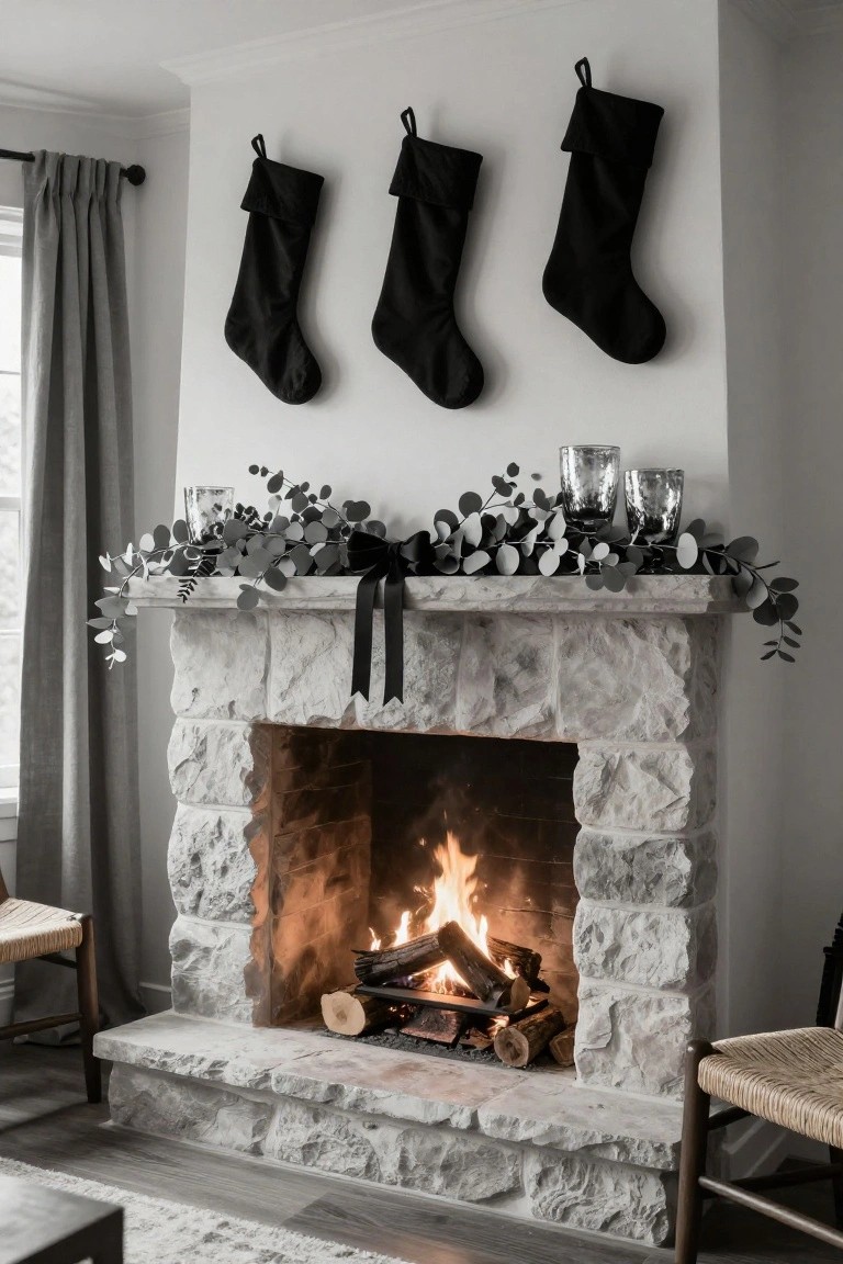 Stone fireplace mantel with three black Christmas stockings hanging from hooks, draped eucalyptus garland tied with black ribbon, two mercury glass candle holders, and a wood fire burning in the hearth.