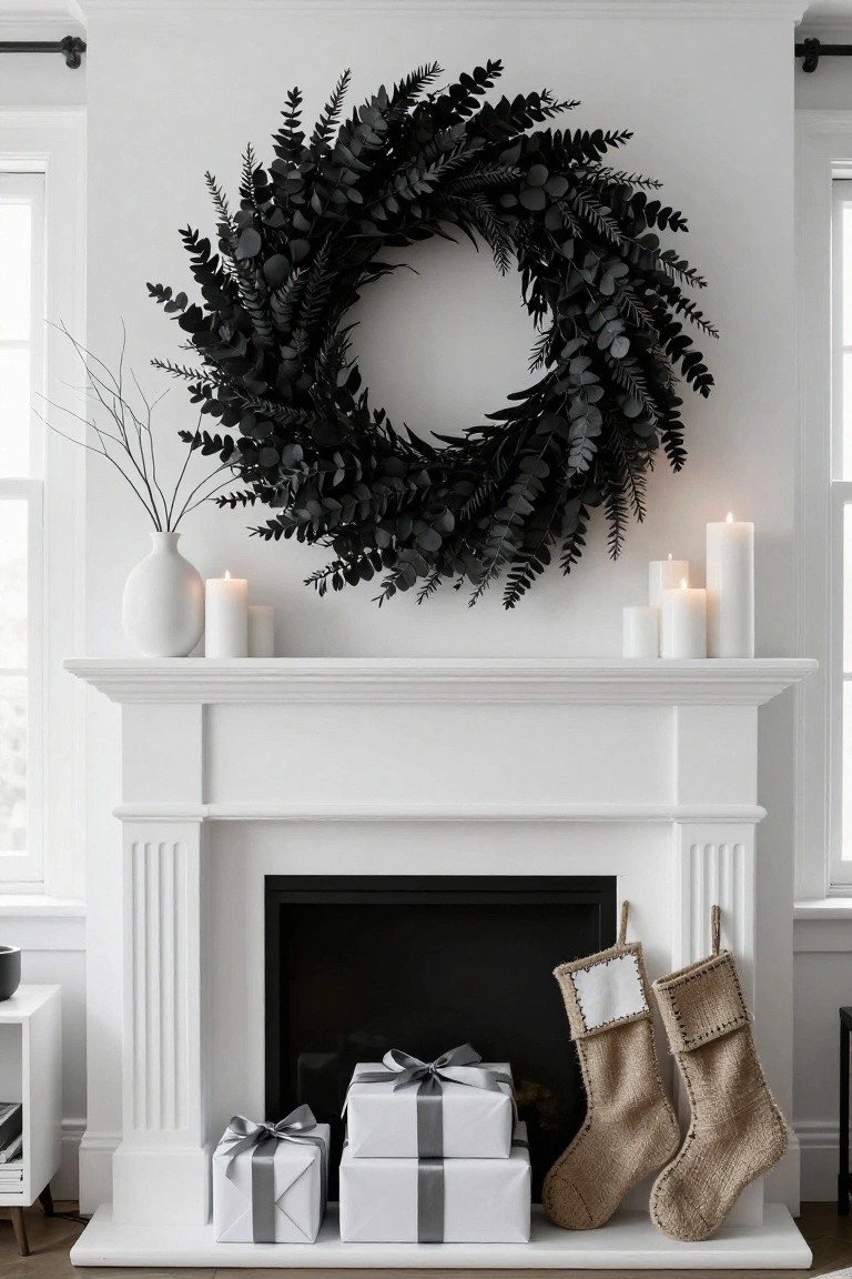 White fireplace mantel with white candles, a white vase holding branches, large black eucalyptus wreath on wall above, wrapped white gifts, and two tan burlap Christmas stockings on the hearth.