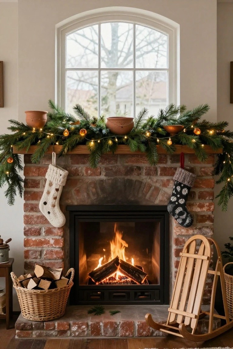 Brick fireplace with burning fire and mantle decorated by evergreen garland strung with warm fairy lights, two knit stockings hanging from the edge, firewood basket and wooden sleigh rocker nearby, arched window showing winter trees outside.