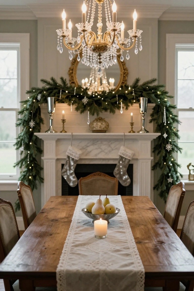 Dining room interior with Christmas-decorated white marble fireplace mantel wrapped in green evergreen garland, silver metallic stockings hanging from it, flanked by silver candlesticks and vases, gold chandelier overhead, wooden dining table with pears and candle in foreground.