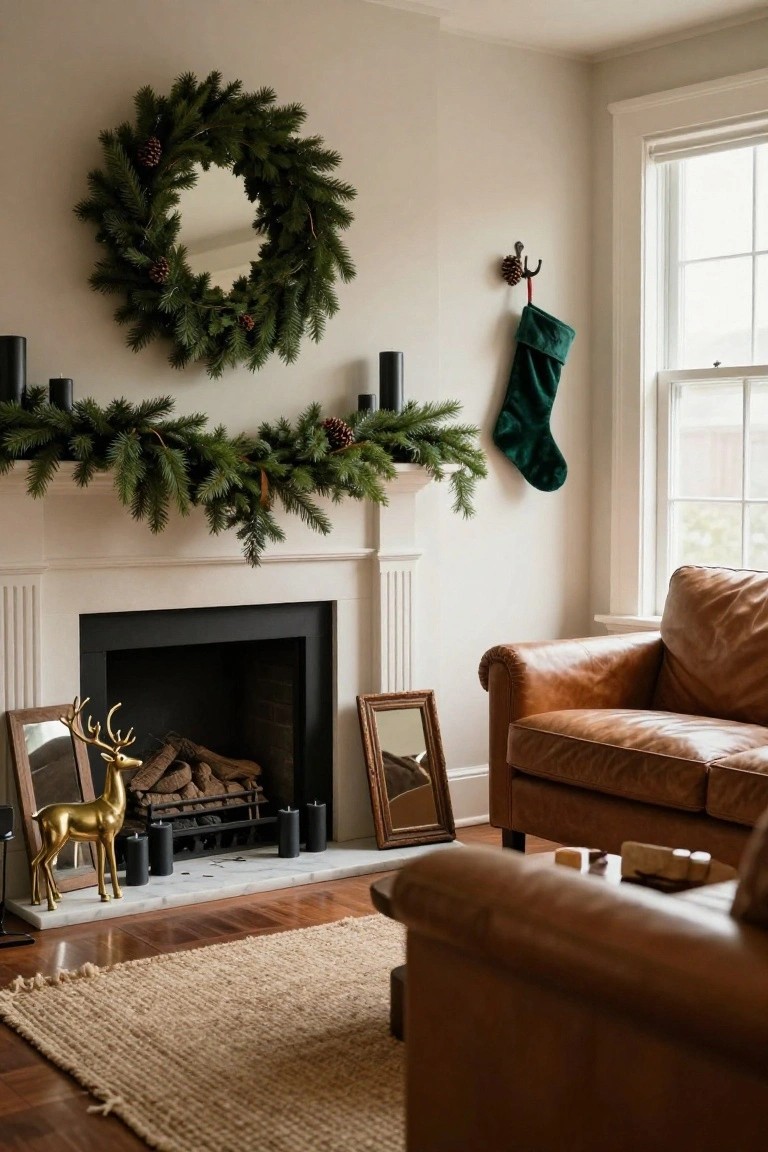 Fireplace mantel decorated with lush green pine garland, pinecones, black pillar candles, gold reindeer statue, and small framed mirrors, flanked by more candles and a green stocking hanging on the wall in a beige living room.