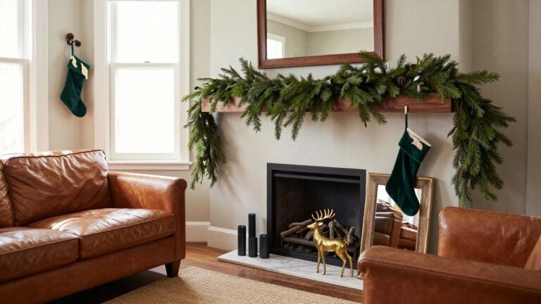 Fireplace mantel decorated with lush green pine garland, pinecones, black pillar candles, gold reindeer statue, and small framed mirrors, flanked by more candles and a green stocking hanging on the wall in a beige living room.