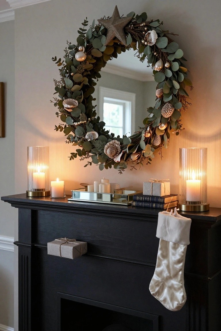 Black wood fireplace mantel holding gold-based glass candleholders with white candles, a silver tray with pillar candles and stacked blue books, small wrapped gifts, and a white satin stocking hanging from the side, with a large round mirror above encircled by eucalyptus wreath decorated with seashells, pinecones, gold balls, and a star.