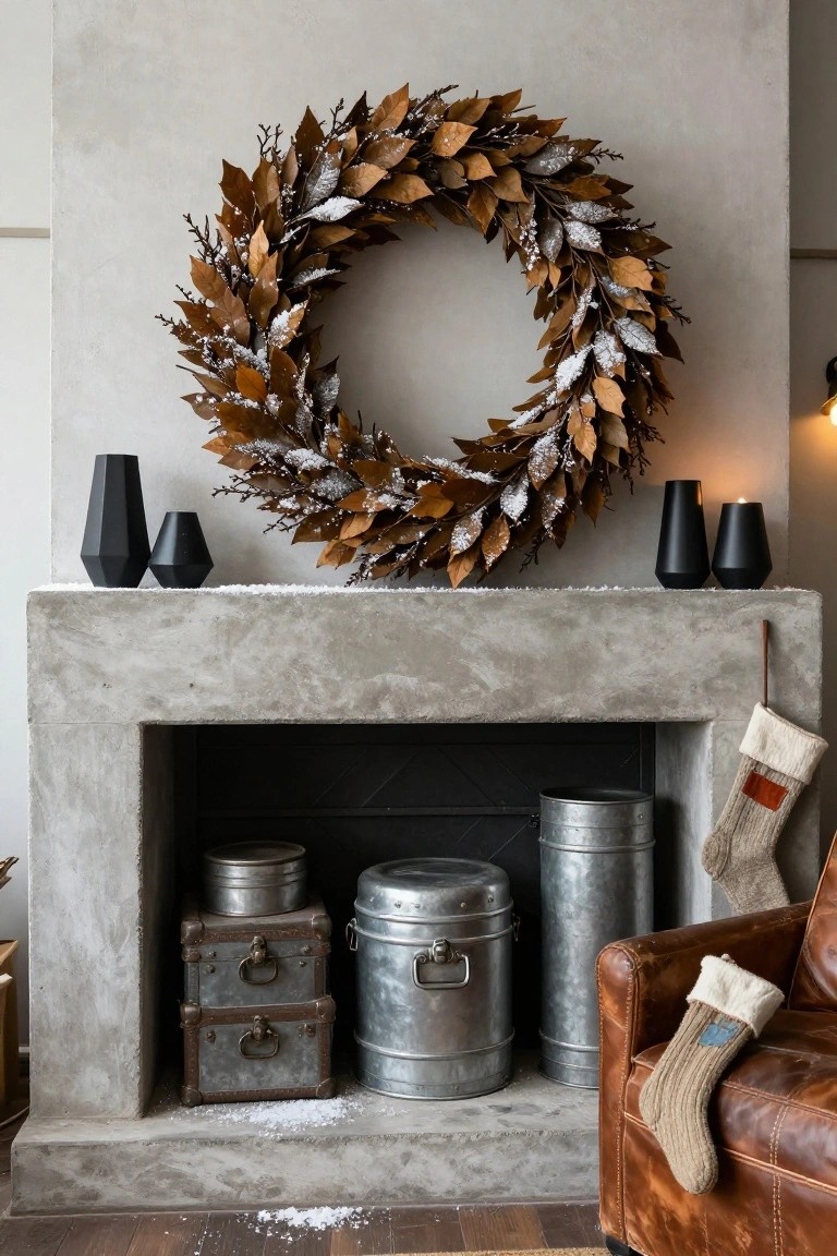 Gray concrete fireplace mantel holding black geometric vases and candles dusted with white powder, topped by a large round wreath of brown leaves coated in white faux snow, with metal buckets, wooden boxes, and knit stockings nearby on a leather chair arm.