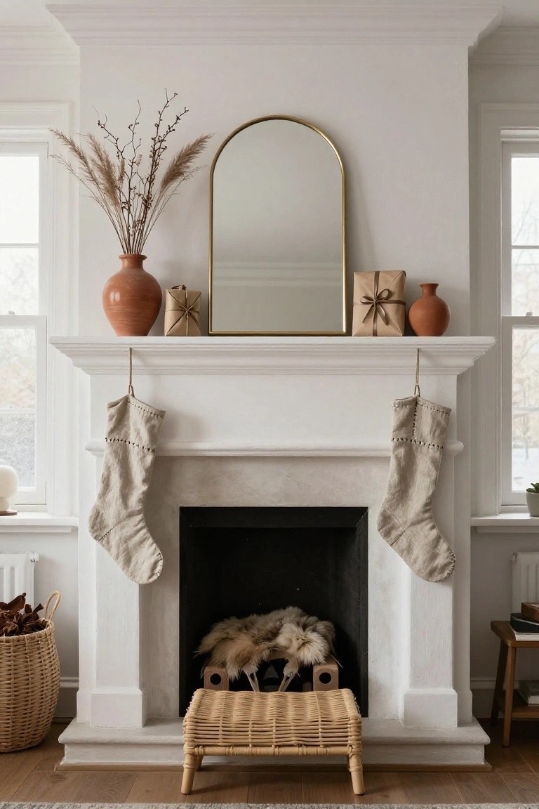 White fireplace mantel with two beige linen stockings hanging from it, gold arched mirror centered above flanked by terracotta vases of pampas grass and dried branches plus wrapped gifts on the mantel shelf, faux fur inside the firebox, rattan stool in front, and basket of leaves nearby in a light room with windows.