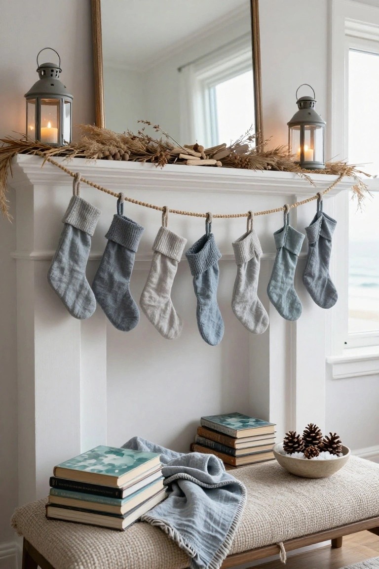 White fireplace mantel decorated with neutral knit Christmas stockings in blues and whites hanging from a rope garland over dried pampas grass and driftwood, flanked by metal lanterns, with stacked books, a blue throw, pinecones in a bowl, and a beige bench below, ocean visible through a nearby window.
