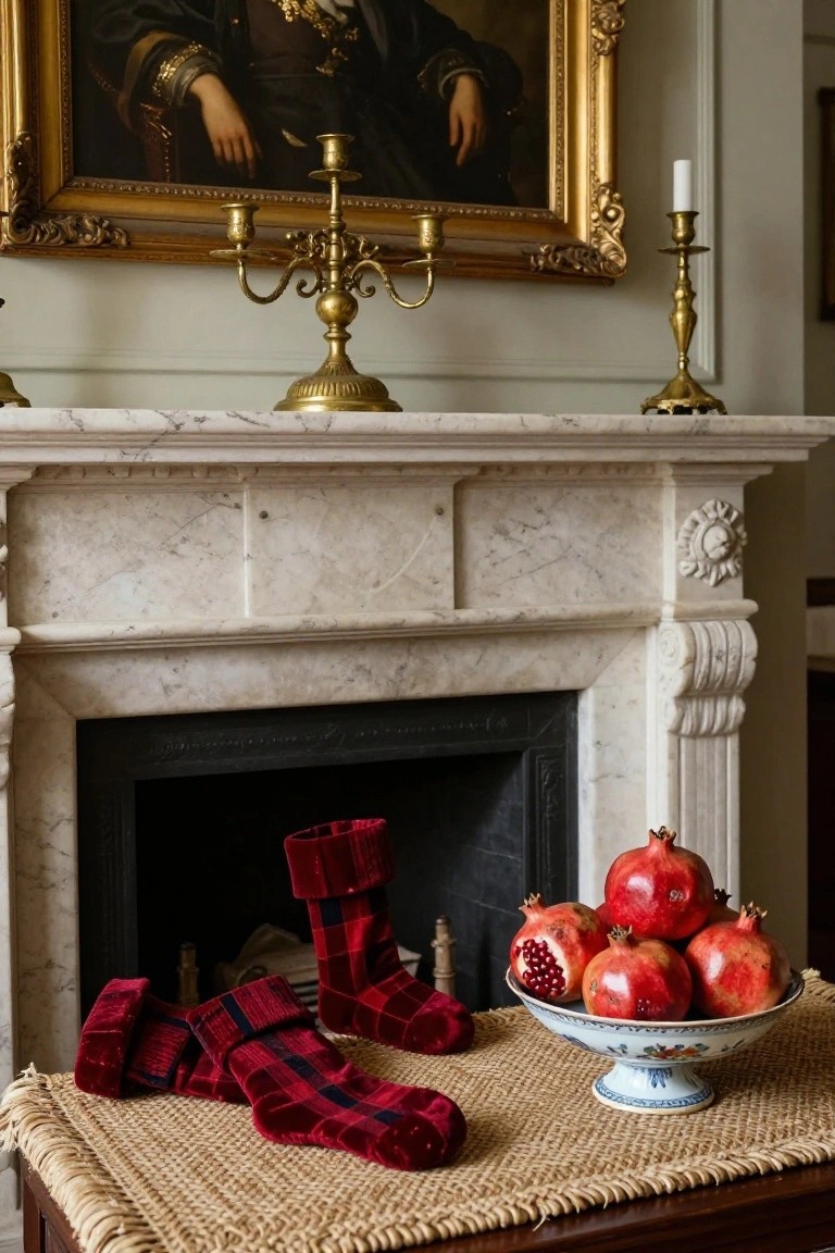 Marble fireplace mantel with two pairs of red plaid velvet Christmas stockings draped over the front edge, a blue and white bowl of red pomegranates on a seagrass mat below, gold candelabras flanking the fireplace, and a gold-framed portrait painting above.