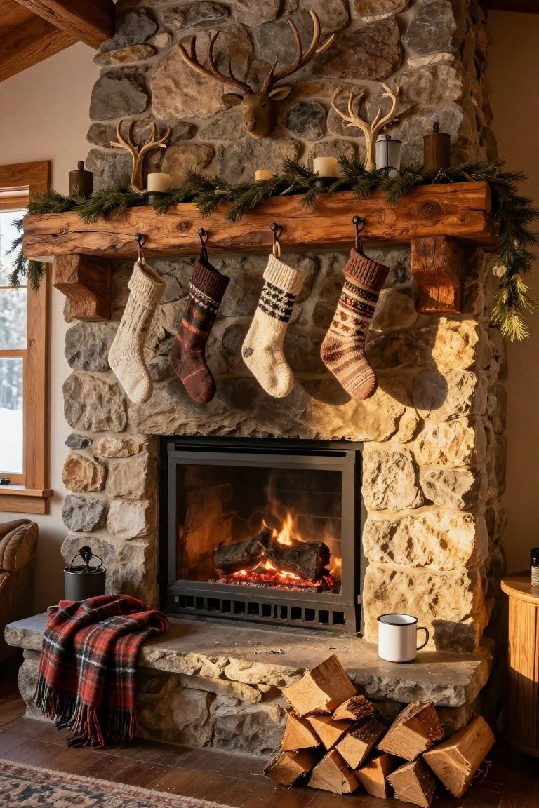 Rustic stone fireplace with wooden mantel decorated for Christmas using pine garland, antlers, candles, and several knitted stockings in various colors and patterns hanging from hooks, fire burning inside, plaid blanket and firewood on hearth.