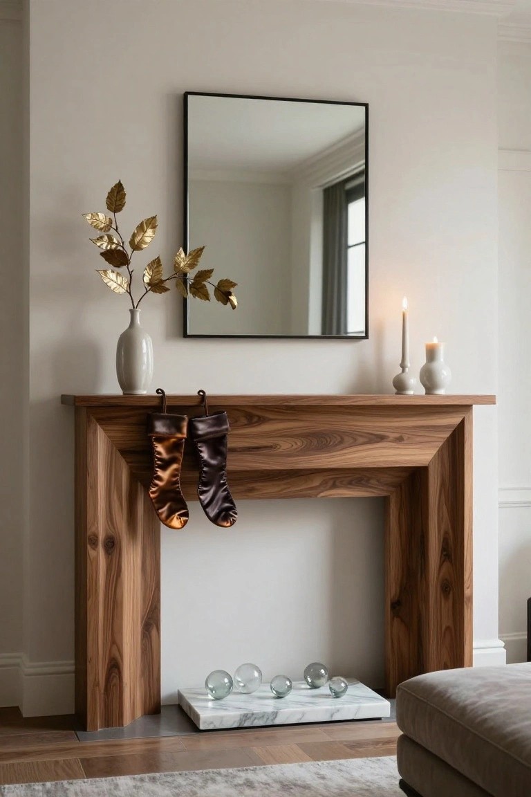Modern walnut wood mantel with two hanging satin Christmas stockings in bronze and maroon, white ceramic vases and candles on the shelf, black-framed mirror above, gold leaf branches in a vase, and glass orbs on a marble base in front.
