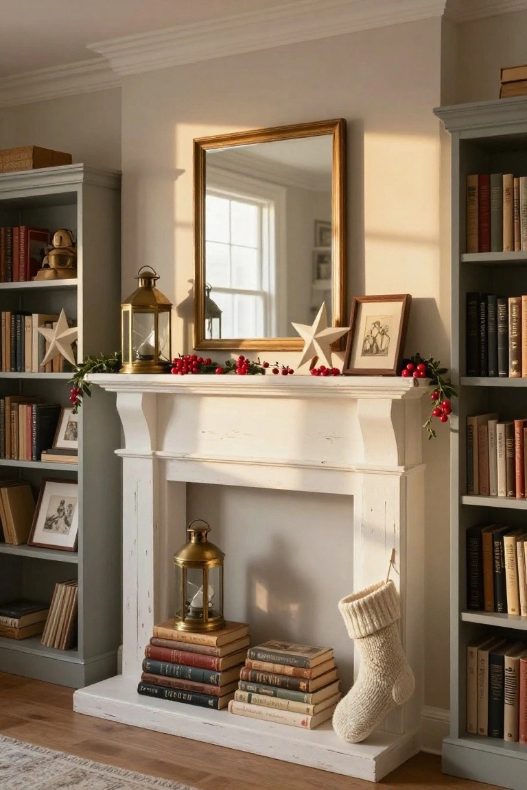 White fireplace mantel decorated for Christmas with stacked vintage books at the base, brass lanterns, holly garland with red berries, and a white knit stocking hanging from the side, flanked by gray bookshelves in a light-filled room.