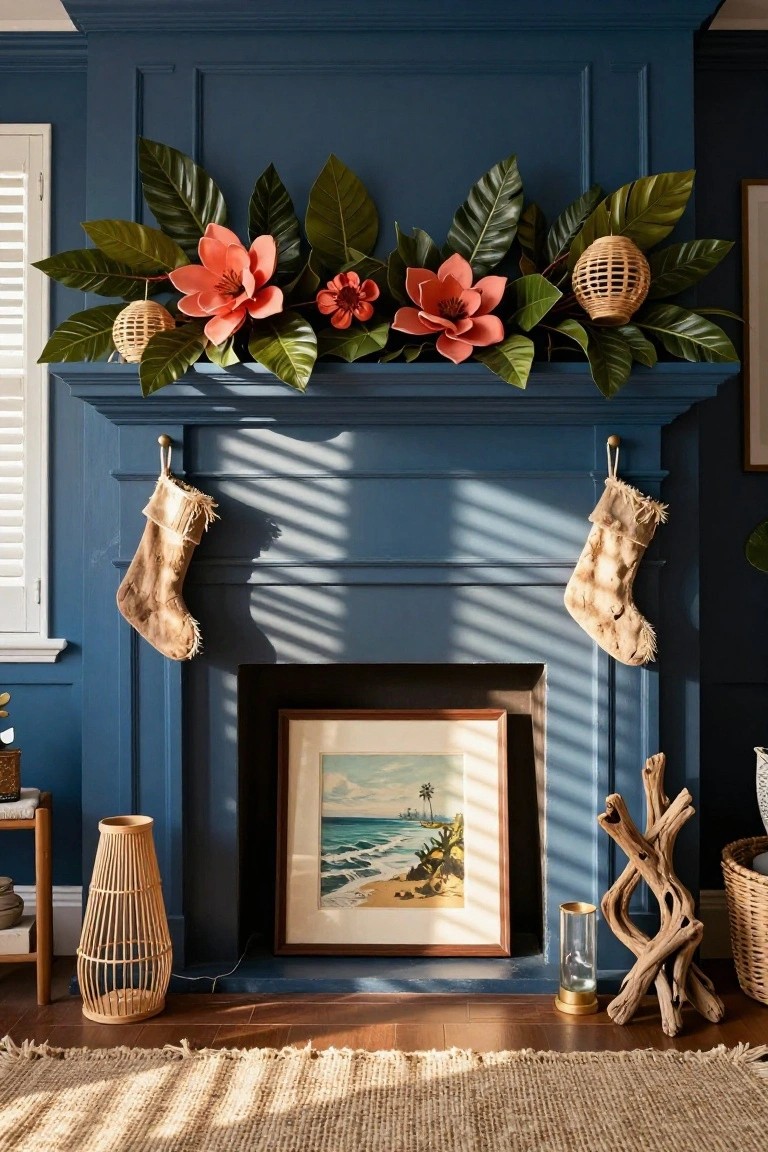 Navy blue fireplace mantel decorated with large artificial green leaves, pink anthurium-style flowers, rattan basket ornaments, and two beige fringed stockings hanging from hooks, with a framed painting of a beach scene in the firebox and nearby rattan vase, driftwood, and basket.