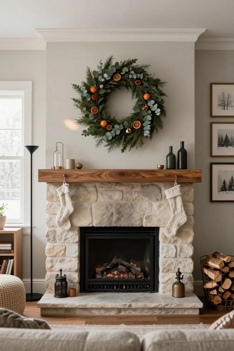 Stone fireplace with wooden mantel in a neutral living room, decorated with a large Christmas wreath of pine, eucalyptus, and dried orange slices hung high on the wall above, white stockings draped over the mantel, and small bottles and lanterns on the shelf.