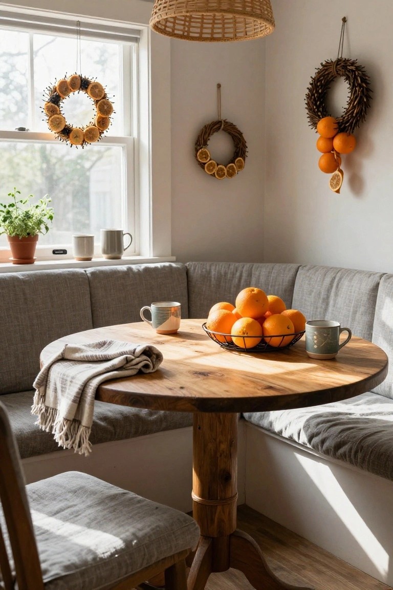Kitchen breakfast nook with gray upholstered bench seating around a round wooden table holding a wire basket of oranges and two ceramic mugs, dried orange slice wreaths hanging near a window and on the wall, potted plant on windowsill, basket pendant light overhead.