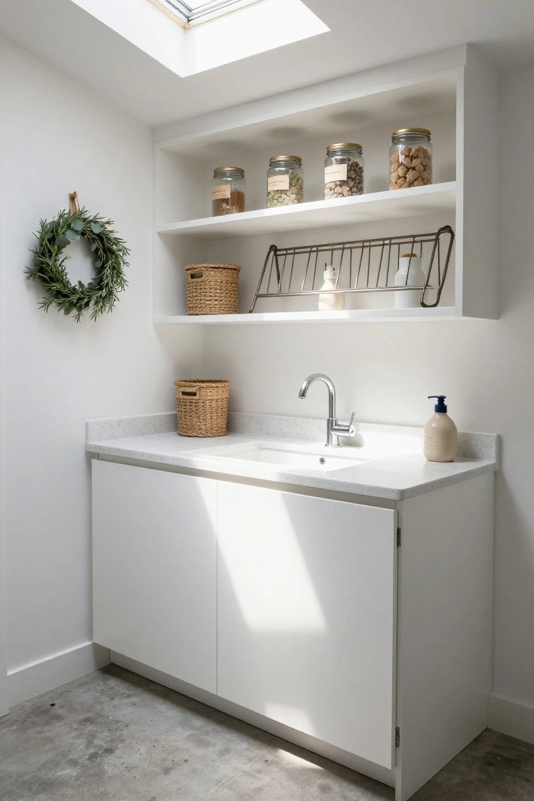 White utility room featuring a sink with faucet, white cabinets, open shelves with jars and baskets, a woven basket nearby, and a eucalyptus wreath hanging on the wall.