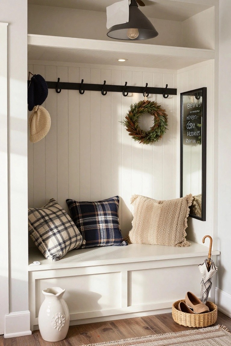White shiplap mudroom nook with built-in bench topped by plaid and cream pillows, black hooks holding hats, evergreen wreath on black-framed chalkboard mirror, umbrella stand with patterned umbrella, woven shoe basket, white vase, and wood floor with rug.