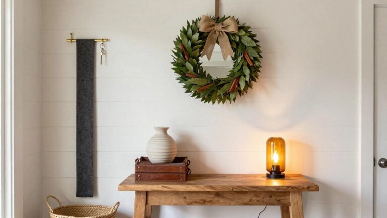 Arched white mirror on white shiplap wall hung with a wreath of green and brown leaves cinnamon sticks and burlap bow above wooden console table with gray runner white ceramic vase amber lamp leather trays and seagrass baskets on floor