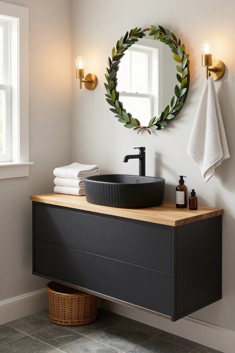 Bathroom with floating black vanity topped by light wood, black textured sink and faucet, stacked white towels, round mirror framed by green laurel leaf wreath, gold sconces, white towel on wall, and woven basket on slate tile floor.