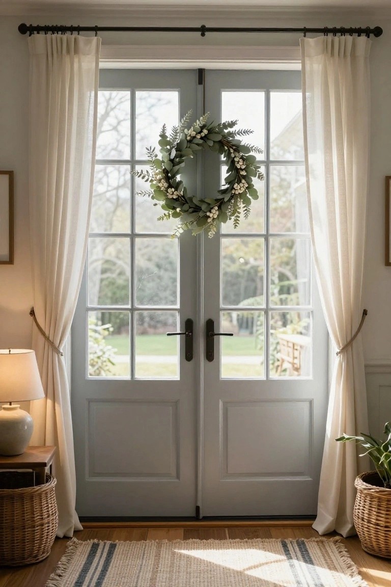 Light blue multipaned French doors with sheer white linen curtains tied back, a round eucalyptus wreath with white berries centered on the doors, wicker baskets and a lamp on wooden floor inside, garden visible through glass panes.