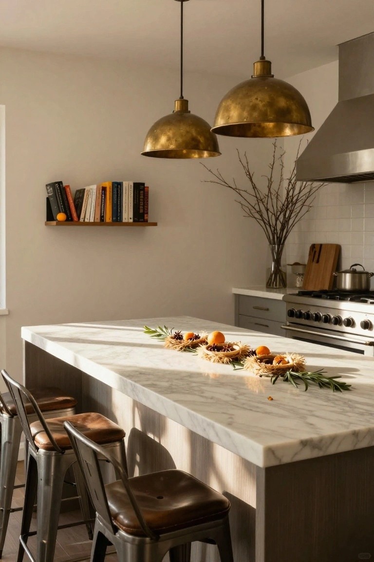 Modern kitchen with white marble island topped by linear centerpiece of three dried grass nests holding oranges, cinnamon sticks, and rosemary sprigs, flanked by leather bar stools under brass pendant lights.