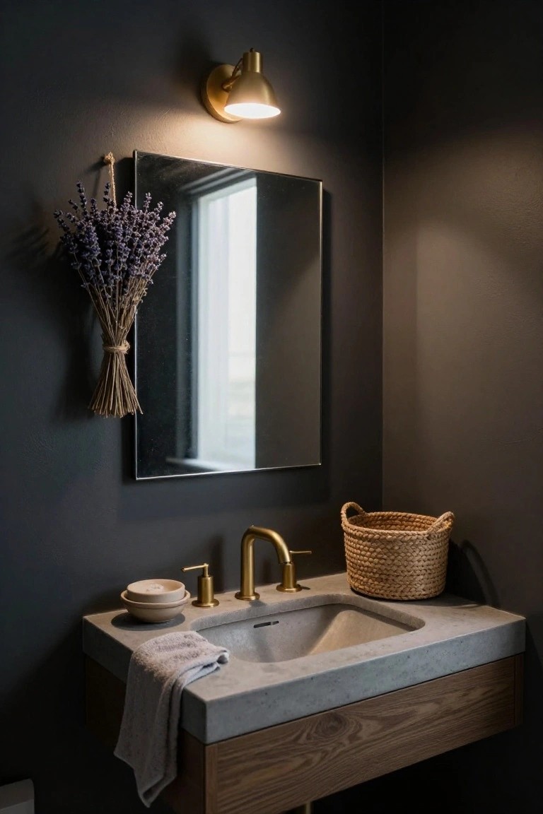 Modern bathroom corner with dark walls, rectangular mirror, hanging bundle of dried lavender tied with twine, floating wood and concrete vanity with gold faucet and sink, woven basket, and folded towel.