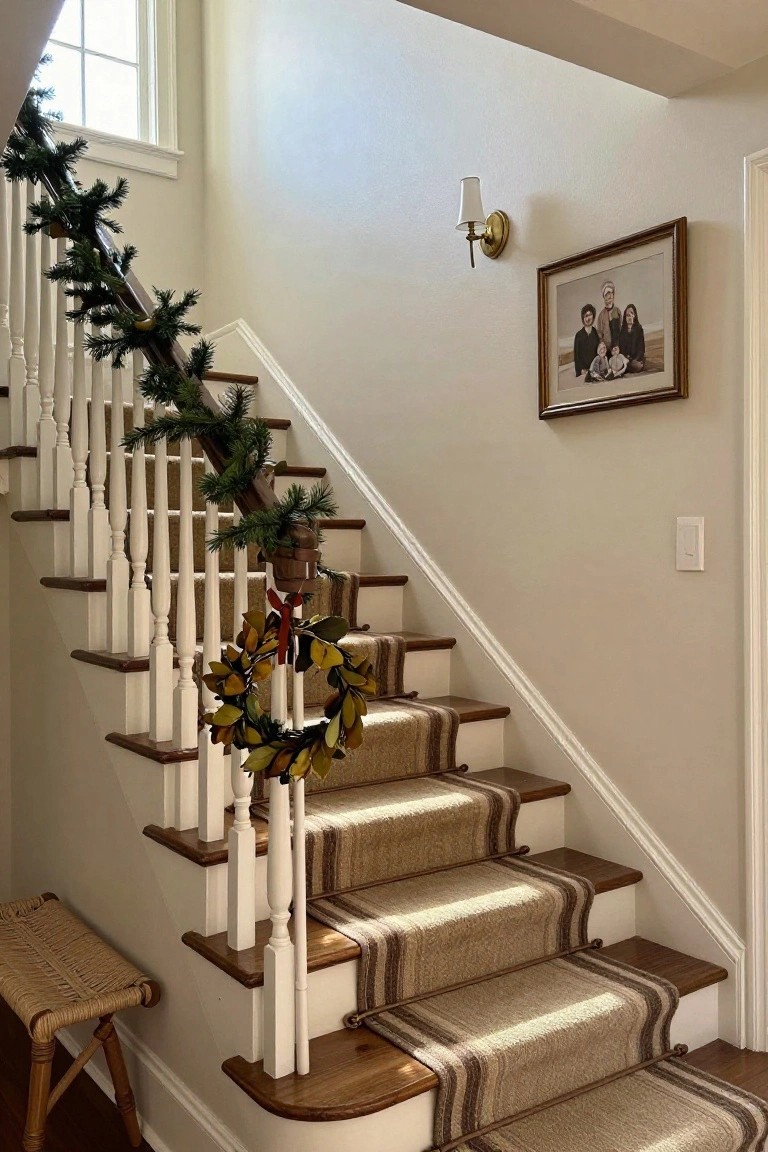 Indoor staircase with white railings and beige runner, decorated with evergreen garland along the railing and a magnolia leaf wreath with red ribbon hanging from a baluster, beside a family photo frame and wicker bench.