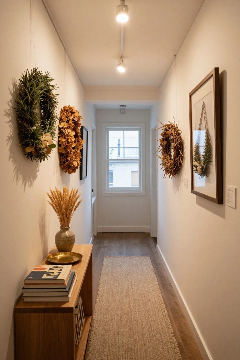 Narrow interior hallway with white walls, light wood floor, beige runner rug, wooden console table holding stacked books, pampas grass in vase, gold tray, and several natural wreaths including green rosemary, orange hydrangea, and wheat varieties hung on walls, plus a framed artwork and window at the end.
