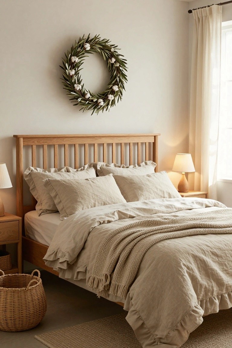 Bedroom interior with light beige walls, wooden bed frame with ruffled beige linens and throw blanket, two nightstands with ceramic lamps, wicker basket on floor, sheer curtains on window, and olive leaf wreath with white cotton bolls hanging above the bed.