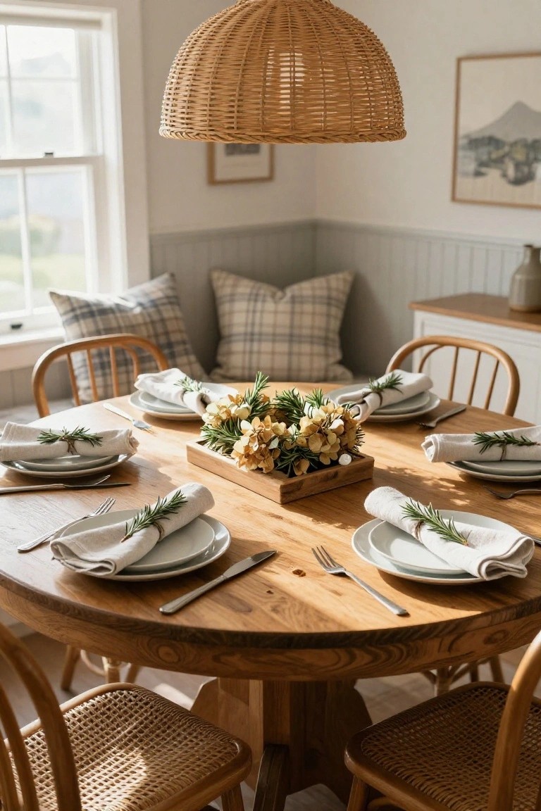 Round wooden dining table set for six with white plates, forks and knives, linen napkins tied with rosemary sprigs and twine, and a central wooden box of yellow flowers and rosemary, rattan chairs, plaid cushions on a bench, rattan pendant light above, in a bright room with windows.