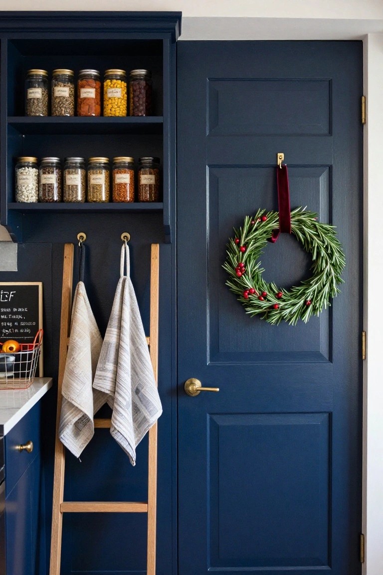 Navy blue pantry door with a circular wreath of rosemary branches and red berries hung from a brass hook, open shelving stocked with labeled glass jars of spices and beans nearby, wooden ladder rack holding gray towels to the side.