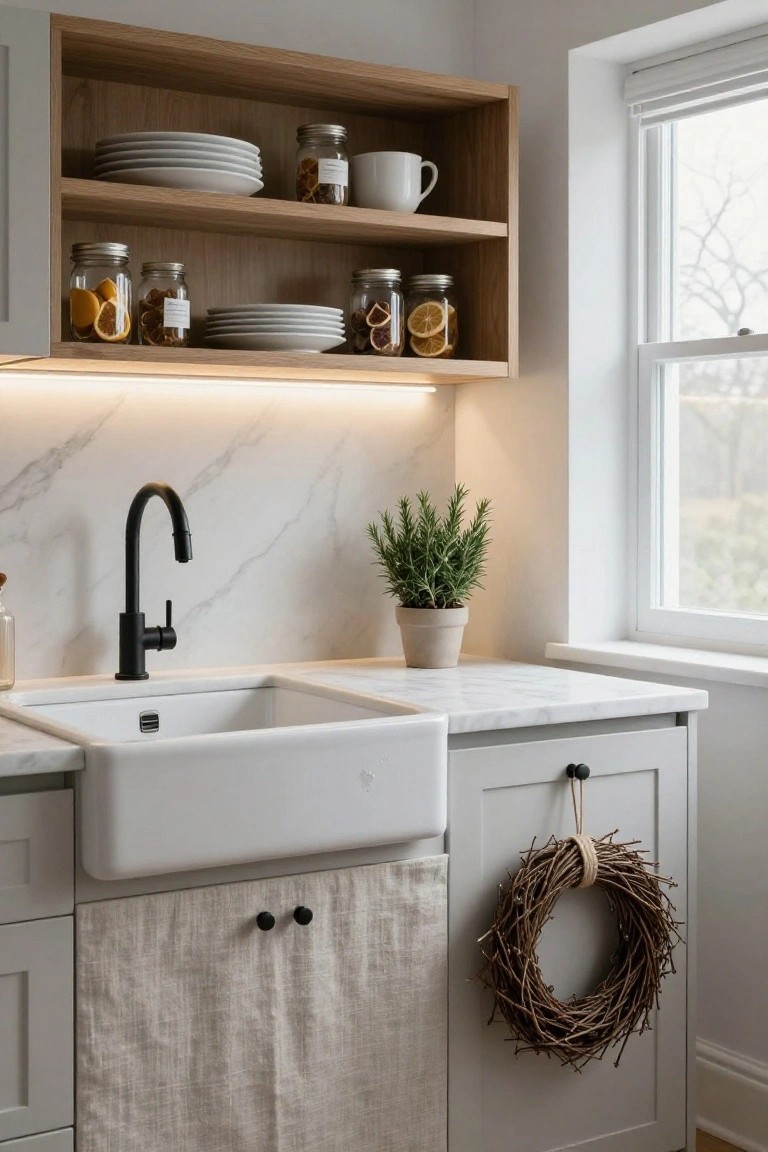 Modern kitchen corner showing white farmhouse sink, black faucet on marble countertop, oak open shelves with stacked plates and jars of dried oranges, potted rosemary plant, and twig wreath hanging from twine on gray cabinet door below sink.