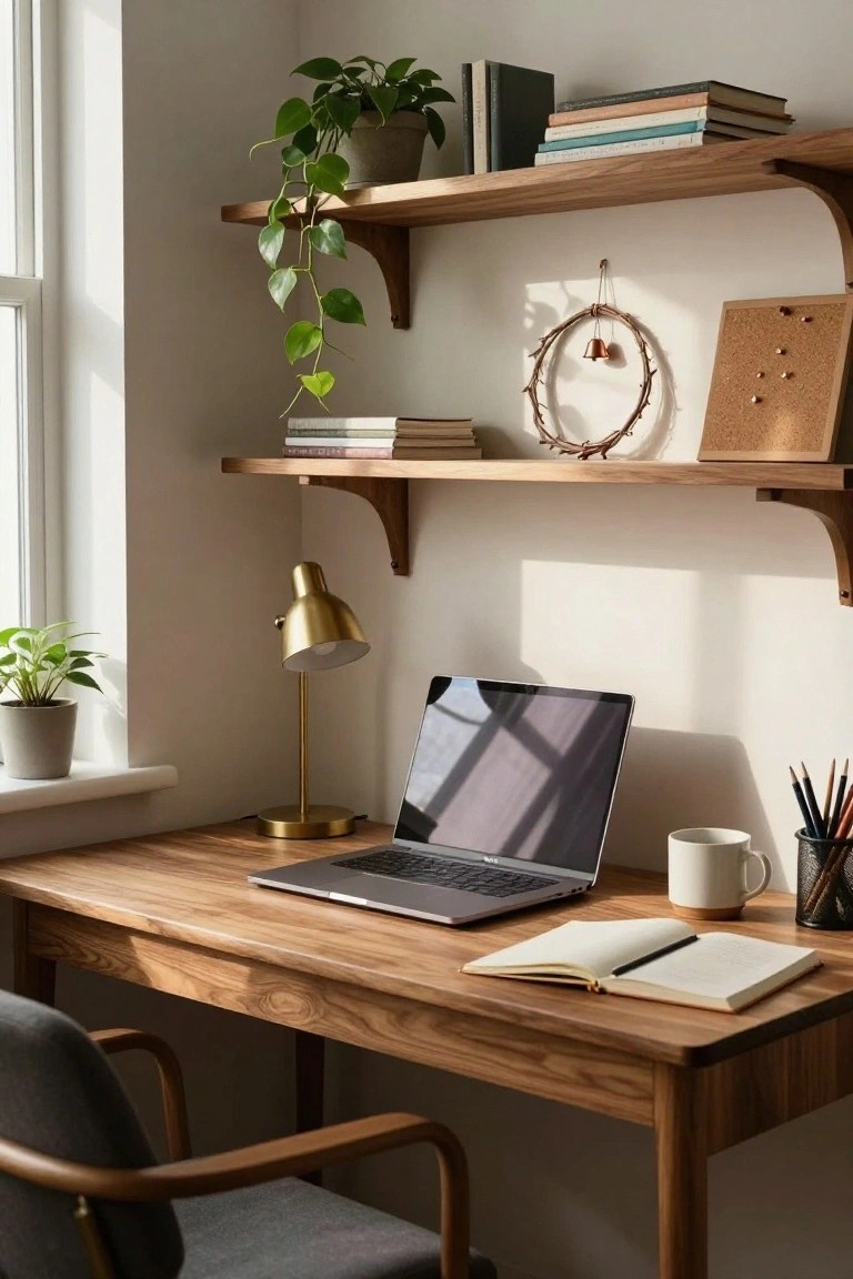 Light-filled home office corner with wooden desk holding MacBook laptop, open notebook, white mug, pencil holder, gold desk lamp nearby, potted plants, floating wooden shelves with books, and twig wreath with brass bell hanging on white wall.
