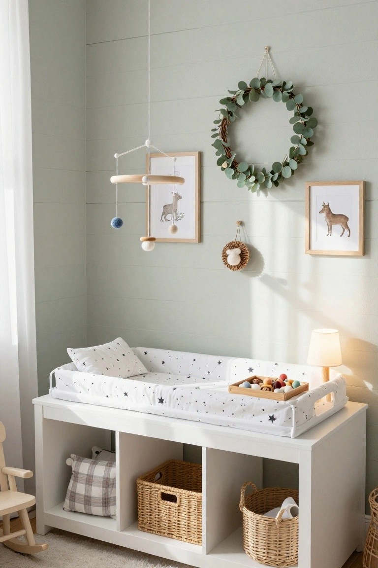 Sage green shiplap nursery corner with white changing table dresser topped by star-patterned pad and wooden tray of balls, eucalyptus wreath on wall, wooden mobile overhead, framed deer artwork, rattan lamp, woven baskets in cubbies, plaid pillow, and wooden rocking chair.