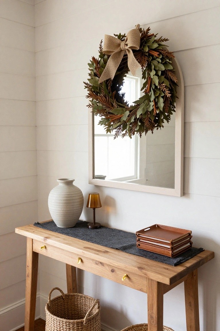 Arched white mirror on white shiplap wall hung with a wreath of green and brown leaves cinnamon sticks and burlap bow above wooden console table with gray runner white ceramic vase amber lamp leather trays and seagrass baskets on floor