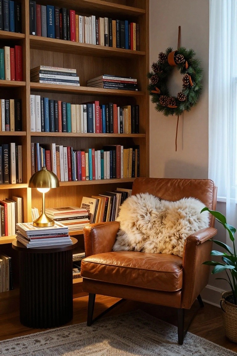 Wooden bookshelves filled with books surround a tan leather armchair with white sheepskin throw, gold lamp and stacked magazines on black side table, potted plant nearby, and pinecone Christmas wreath hanging on wall by window in warmly lit room.