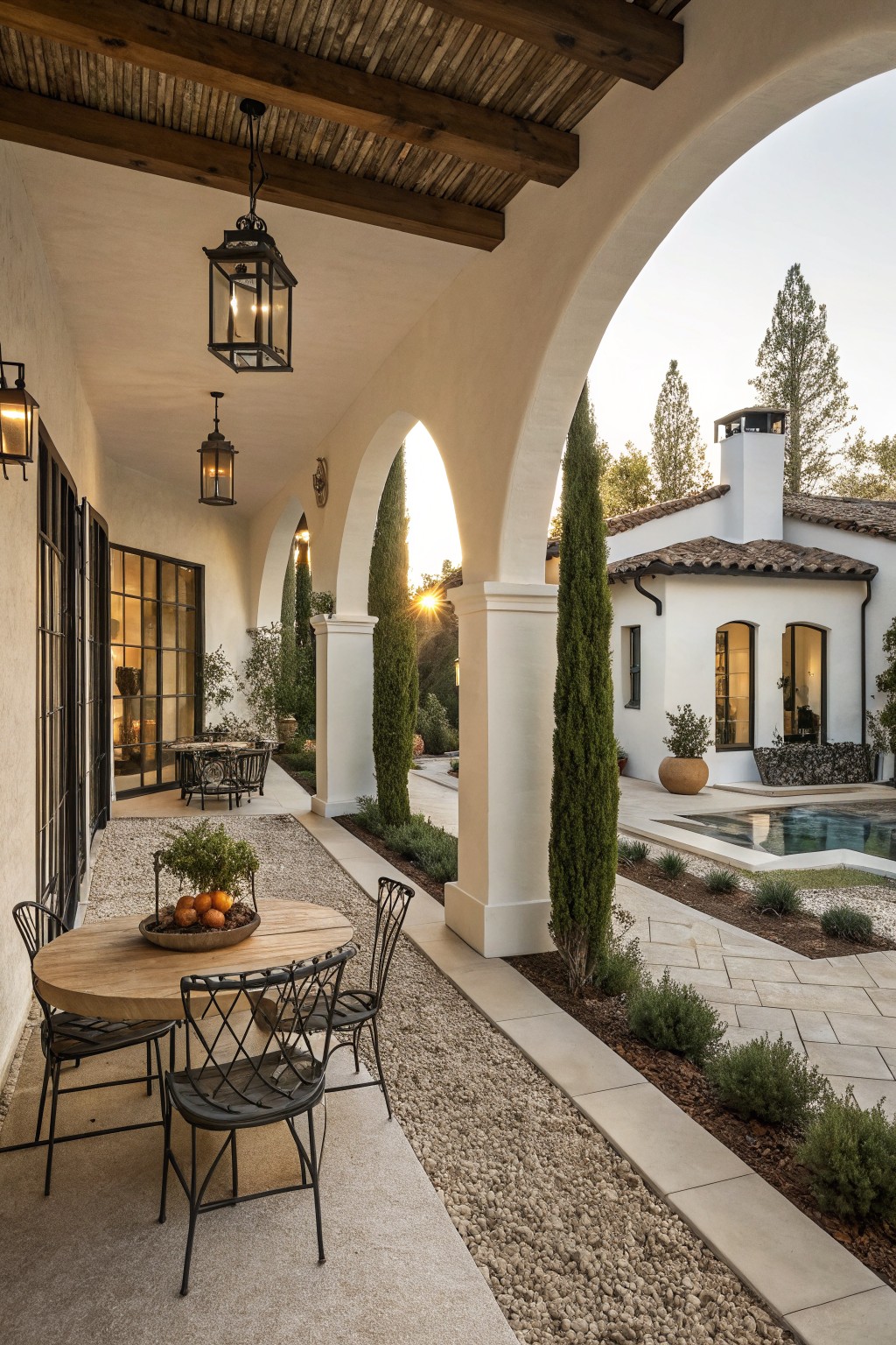 White stucco arched loggia with wooden beamed ceiling, hanging lanterns, black metal doors, round wooden table with black woven chairs and oranges, leading to pool area with cypress trees and gravel path.