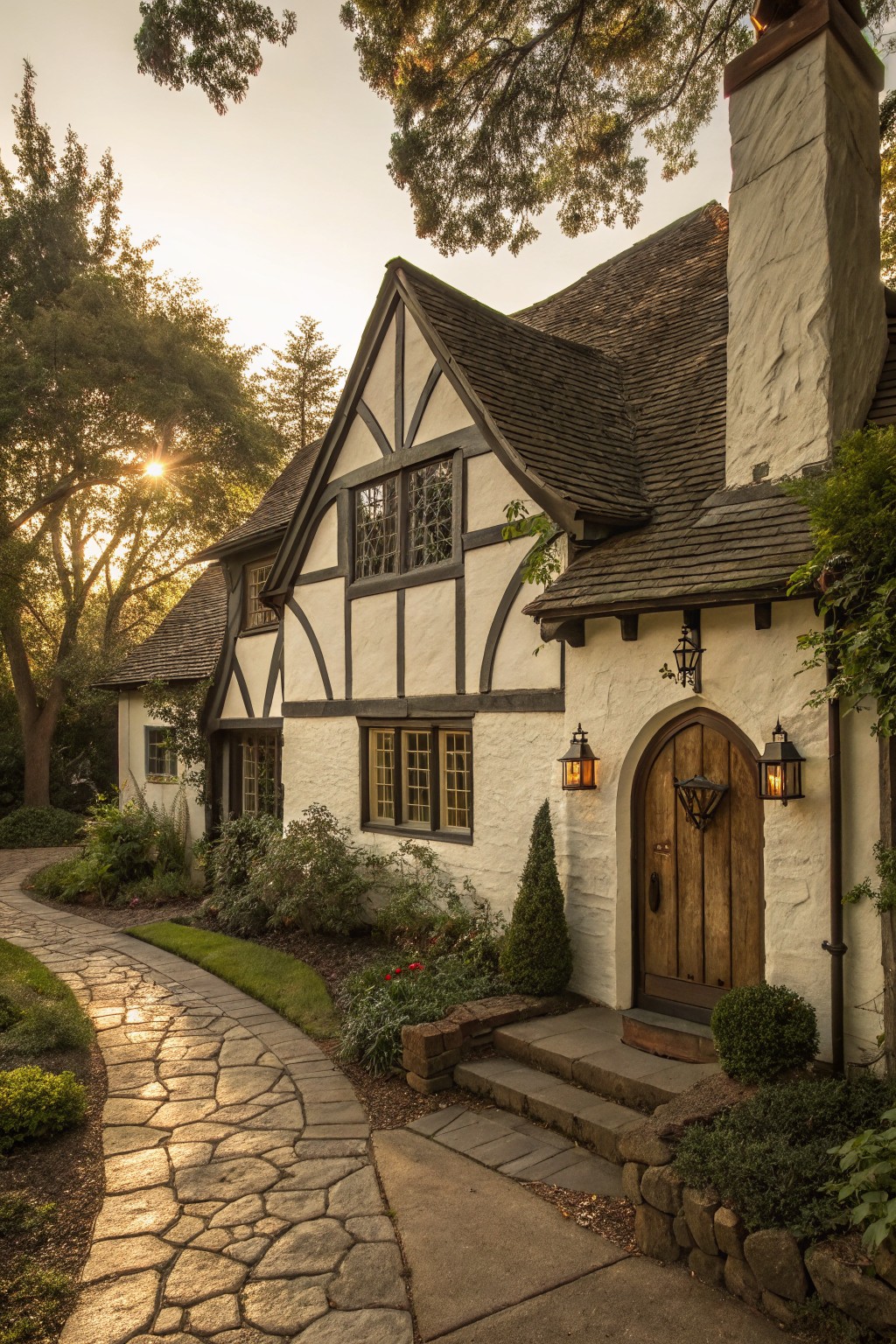 White stucco house with dark timber framing and steeply pitched roof, featuring an arched wooden front door with lanterns on either side, a stone pathway leading to steps, and surrounding landscaping with trees at sunset.