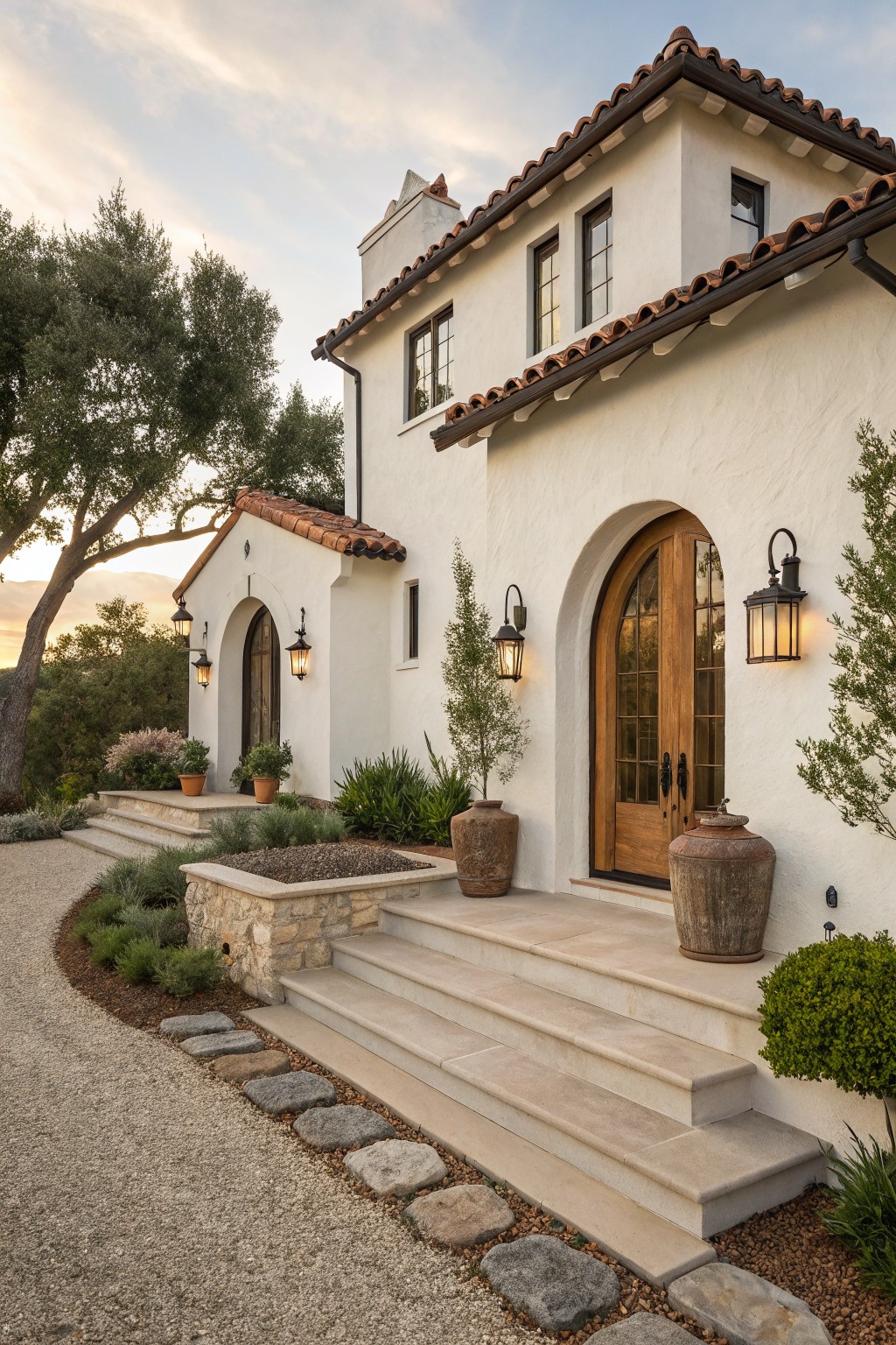 White stucco house exterior with red tile roof, large arched wooden double doors as main entry flanked by lanterns and large terracotta pots, stone steps leading from gravel path, surrounded by low plants, trees, and stepping stones.