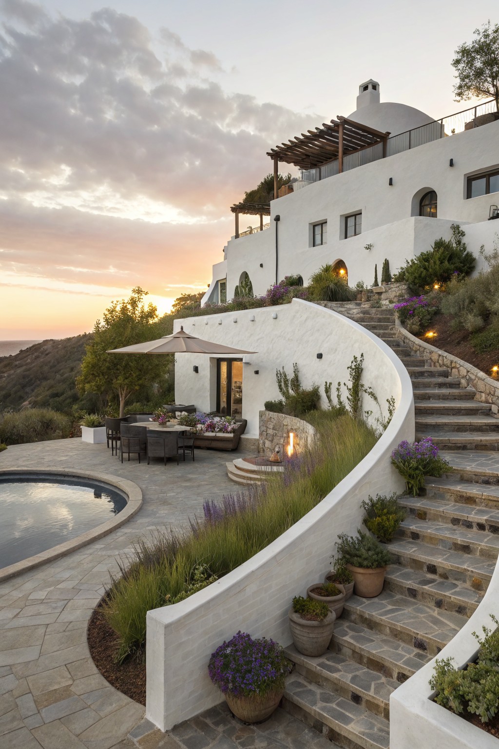White stucco house with curved walls, dome roof, and outdoor pool on a hillside at sunset, curving stone stairs lined with plants leading to a patio dining area.