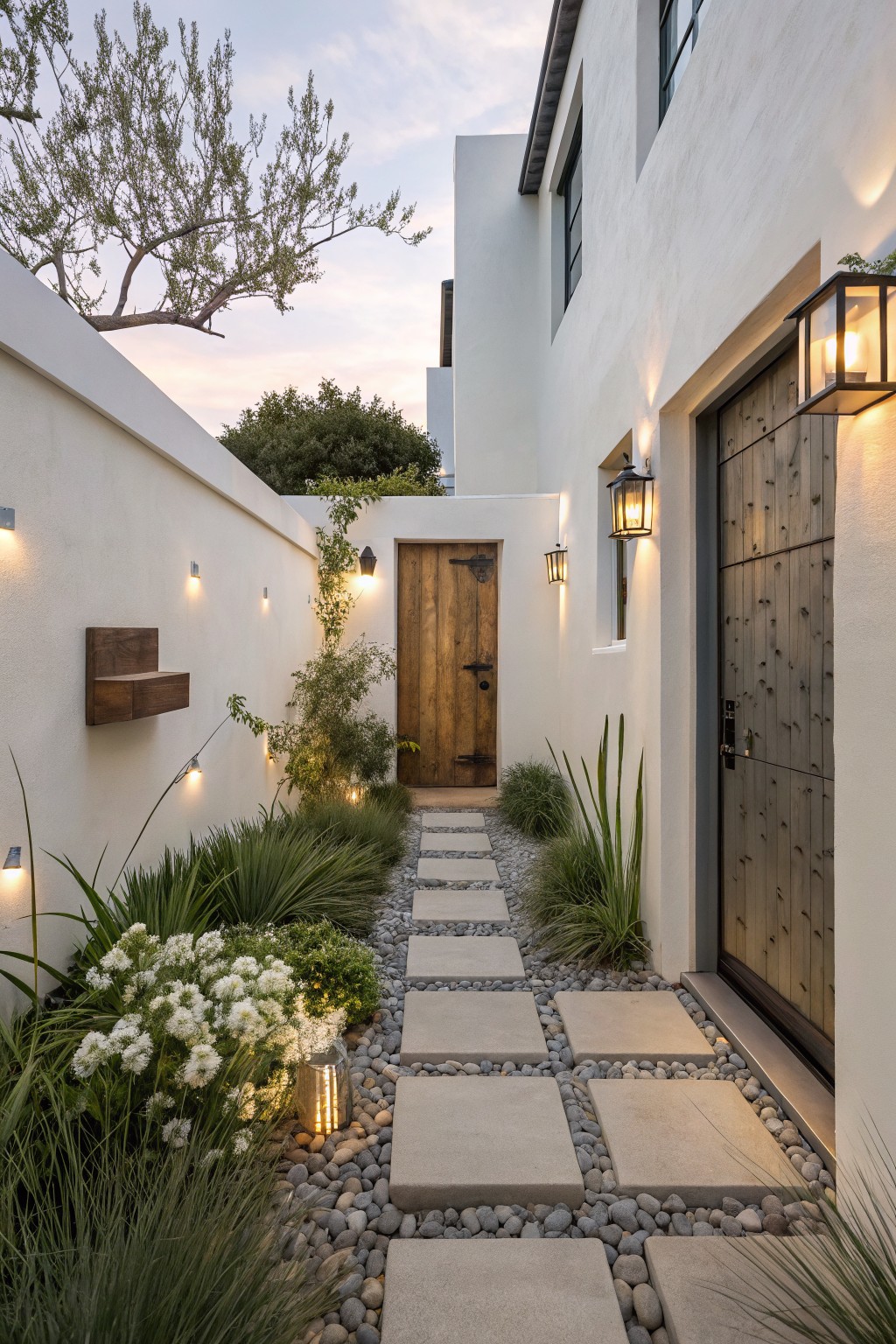 Narrow outdoor walkway lined with white stucco walls, featuring large square stone pavers set into gray gravel and bordered by grasses, agave plants, and white flowers, leading to wooden entry doors lit by wall lanterns at dusk.
